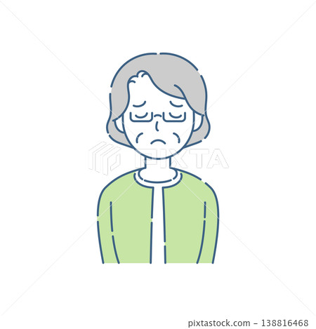 A simple illustration of a senior woman wearing glasses with a troubled expression and her eyes closed, in a blue-gray color scheme. A simple illustration of a senior woman wearing glasses with a troubled expression and her eyes closed, in a blue-gray color scheme. 138816468