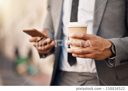 Phone, coffee and business man in city online for social media, networking and website in town. Travel, professional and hands of male worker with drink and smartphone for internet on morning commute Phone, coffee and business man in city online for social media, networking and website in town. Travel, professional and hands of male worker with drink and smartphone for internet on morning commute 138816522