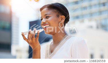 Woman with smile in city, speaker and phone call for networking, consulting and conversation outside. Urban travel, work commute and businesswoman talking on cellphone with voice chat with happy face Woman with smile in city, speaker and phone call for networking, consulting and conversation outside. Urban travel, work commute and businesswoman talking on cellphone with voice chat with happy face 138816559