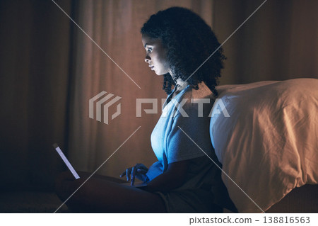 Laptop, bed and woman on internet at night for website, online social media and relax in home. Bedroom, computer and person streaming movie, film and video on pc technology with insomnia in house. Laptop, bed and woman on internet at night for website, online social media and relax in home. Bedroom, computer and person streaming movie, film and video on pc technology with insomnia in house. 138816563