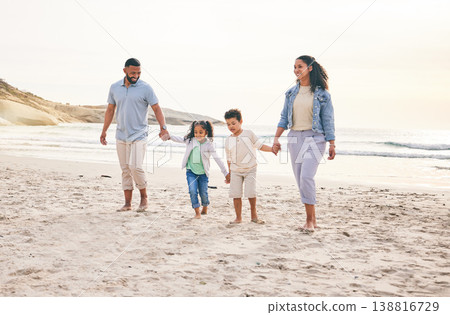 Beach, holiday and happy family holding hands, walking and bond in nature together. Love, children and parents at the sea for travel, freedom and adventure at the ocean, relax and having fun on trip Beach, holiday and happy family holding hands, walking and bond in nature together. Love, children and parents at the sea for travel, freedom and adventure at the ocean, relax and having fun on trip 138816729