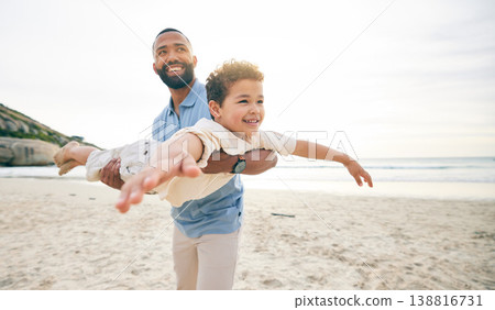 Love, airplane and father with child at the beach with freedom, smile and bonding in nature together. Happy, flying and parent with boy kid at the sea for fun, games and freedom, holiday or trip 138816731