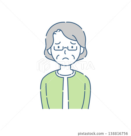 A simple illustration of a senior woman with glasses and a troubled expression, in a blue-gray color scheme. 138816756