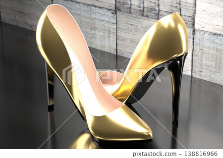 Golden high heel shoes - 3D illustration Golden high heel shoes - 3D illustration 138816966