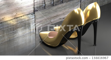 Golden high heel shoes - 3D illustration Golden high heel shoes - 3D illustration 138816967