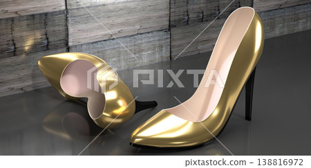 Golden high heel shoes - 3D illustration Golden high heel shoes - 3D illustration 138816972