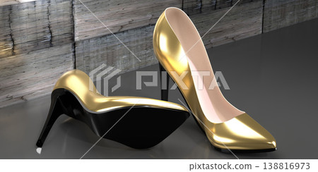 Golden high heel shoes - 3D illustration Golden high heel shoes - 3D illustration 138816973