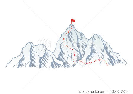 Mountain climbing route to top rock with red flag on peak. Business journey path in progress, way to success or concept of goal. Vector illustration Mountain climbing route to top rock with red flag on peak. Business journey path in progress, way to success or concept of goal. Vector illustration 138817001