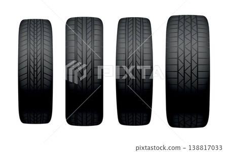 Car tires of rubber. Vector realistic isolated set of tires. Automobile wheels and maintenance. Truck or vehicle repairing and replacement for next season 138817033