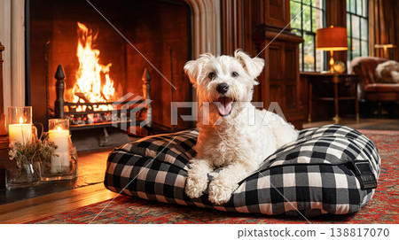 White fluffy dog lounges on a checkered bed in a living room. Fireplace glow and warm lighting create a cozy mood. White fluffy dog lounges on a checkered bed in a living room. Fireplace glow and warm lighting create a cozy mood. 138817070