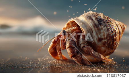 Hermit crab on sandy beach carries spiral shell. Macro shot highlights textured claws and droplets. 138817087