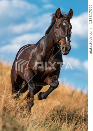 Black horse gallops across a golden grass field. A leather bridle sits on its head. 138817093