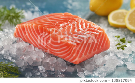 Salmon fillet rests on crushed ice. Lemon slices and dill garnish brighten the display. Salmon fillet rests on crushed ice. Lemon slices and dill garnish brighten the display. 138817094