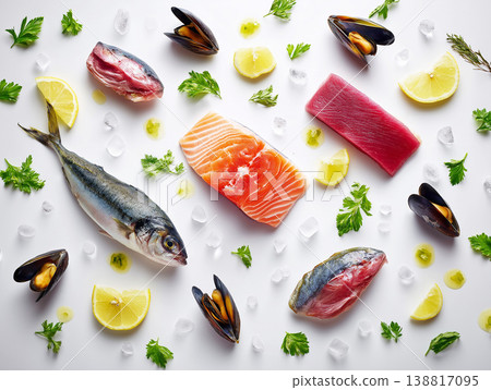 Seafood assortment with salmon fillet, tuna steak, whole fish and mussels on a white background. Fresh ingredients ready for cooking or market display. Seafood assortment with salmon fillet, tuna steak, whole fish and mussels on a white background. Fresh ingredients ready for cooking or market display. 138817095