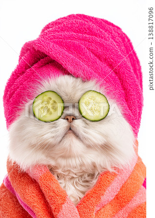 Cat wearing a pink towel turban with cucumber eyes in a studio. Cucumber slices cover the eyes for a playful spa vibe. Cat wearing a pink towel turban with cucumber eyes in a studio. Cucumber slices cover the eyes for a playful spa vibe. 138817096