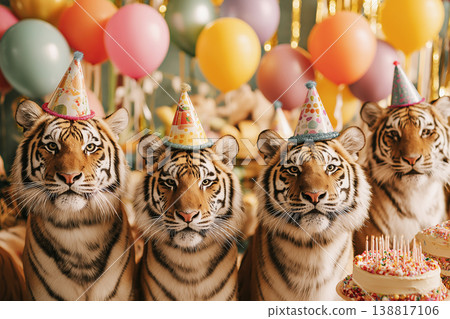Four tigers wearing colorful party hats pose at a birthday party in a party room. Balloons and cake emphasize the celebration. Four tigers wearing colorful party hats pose at a birthday party in a party room. Balloons and cake emphasize the celebration. 138817106
