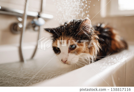 Calico cat sits in a bathroom sink under running water. Water droplets sparkle as the cat watches. Calico cat sits in a bathroom sink under running water. Water droplets sparkle as the cat watches. 138817116