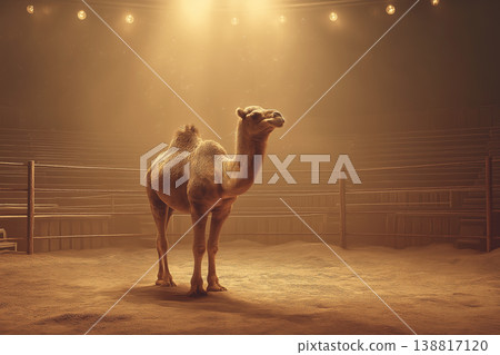 Camel stands in a circus arena under warm stage lights. Amber spotlights bathe the ring. Camel stands in a circus arena under warm stage lights. Amber spotlights bathe the ring. 138817120