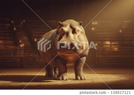 Hippopotamus stands in a dimly lit circus arena. Amber spotlights create a dramatic circus mood. Hippopotamus stands in a dimly lit circus arena. Amber spotlights create a dramatic circus mood. 138817121