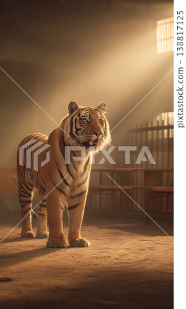 Tiger stands in a sunlit zoo enclosure. Golden light pours across the enclosure. 138817125