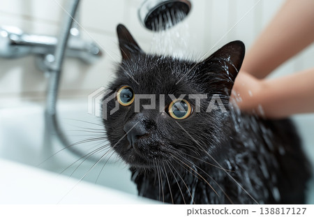 Black cat bathes in the bathroom sink. Water pours from the shower head as a hand washes the cat. Black cat bathes in the bathroom sink. Water pours from the shower head as a hand washes the cat. 138817127