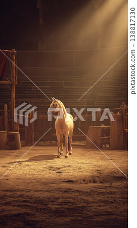 Horse stands in a dusty arena under a warm spotlight. Amber light from above casts long shadows and highlights the wooden fences. Horse stands in a dusty arena under a warm spotlight. Amber light from above casts long shadows and highlights the wooden fences. 138817130
