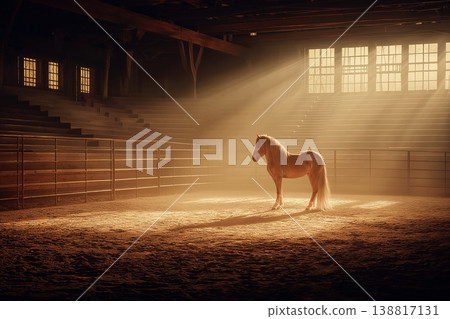 Horse stands in a sunlit arena. Sunbeams illuminate the horse and dusty ground. Horse stands in a sunlit arena. Sunbeams illuminate the horse and dusty ground. 138817131