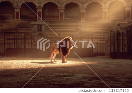Lion stands in an ancient arena at dusk. Warm sunlight highlights the lion against the stone arches. Lion stands in an ancient arena at dusk. Warm sunlight highlights the lion against the stone arches. 138817133