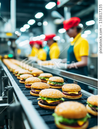 Hamburgers travel along a conveyor belt in a fast food kitchen. Yellow uniformed staff supervise the assembly under bright industrial lighting. 138817135