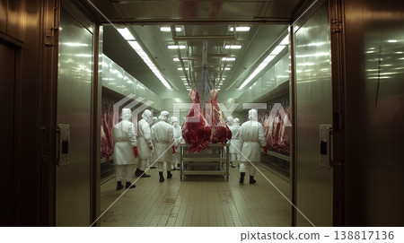 Hanging meat carcasses in a slaughterhouse abattoir as workers in white protective suits monitor the process. Hanging meat carcasses in a slaughterhouse abattoir as workers in white protective suits monitor the process. 138817136