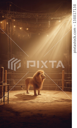 Lion stands in a circus ring under a warm spotlight. Golden beams spill over the arena creating a dramatic spotlight. Lion stands in a circus ring under a warm spotlight. Golden beams spill over the arena creating a dramatic spotlight. 138817138