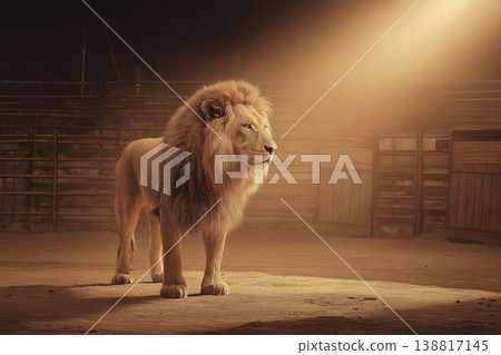 Lion stands in a dimly lit zoo enclosure. Amber light bathes the scene. Lion stands in a dimly lit zoo enclosure. Amber light bathes the scene. 138817145