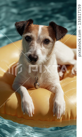 Jack Russell terrier on a yellow inflatable float in a pool. Sunlit pool scene shows the dog lounging on the float. Jack Russell terrier on a yellow inflatable float in a pool. Sunlit pool scene shows the dog lounging on the float. 138817159
