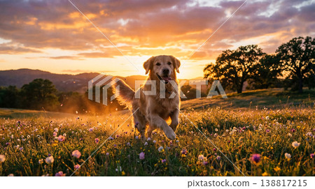 Golden retriever running in a wildflower meadow at sunset Golden retriever running in a wildflower meadow at sunset 138817215