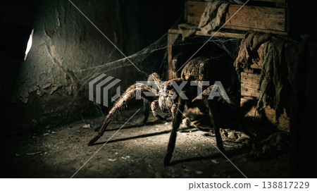 Spider crawls across derelict floor. Cobwebbed crates frame the scene and cast deep shadows. Spider crawls across derelict floor. Cobwebbed crates frame the scene and cast deep shadows. 138817229