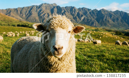 Sheep standing in a sunlit pasture with distant mountains. A scattered flock grazes behind in warm late afternoon light. 138817235