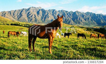 Chestnut horse standing in sunlit mountain pasture. A grazing herd and jagged peaks form a scenic background at golden hour. 138817284