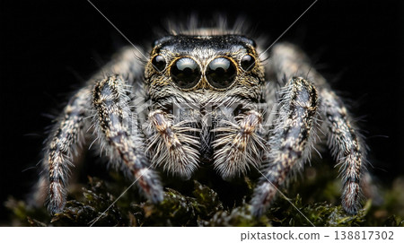 Jumping spider perches on mossy rock. Glossy black eyes and dense pale hairs create a dramatic nocturnal mood. 138817302