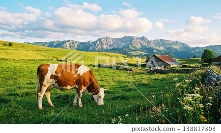 Brown and white cow grazing in a green pasture with rustic barns and stone walls in the foothills. Warm golden light bathes the meadow in late afternoon. Brown and white cow grazing in a green pasture with rustic barns and stone walls in the foothills. Warm golden light bathes the meadow in late afternoon. 138817303