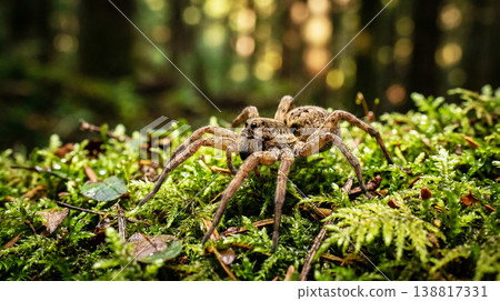 Wolf spider crawling across a mossy forest floor. Wolf spider crawling across a mossy forest floor. 138817331