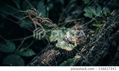 Large brown spider waits on a web above a trapped fly on a forest floor. Low light and cool tones create a tense mood. Large brown spider waits on a web above a trapped fly on a forest floor. Low light and cool tones create a tense mood. 138817341