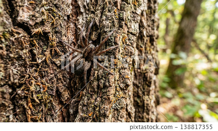 Wolf spider clings to textured tree bark in a sunlit forest. Shallow focus shows legs and mottled camouflage at midday Wolf spider clings to textured tree bark in a sunlit forest. Shallow focus shows legs and mottled camouflage at midday 138817355