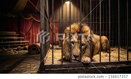 lion lying on straw in a metal cage inside a circus tent. dim overhead light casts warm shadows and the lion shows a weary expression lion lying on straw in a metal cage inside a circus tent. dim overhead light casts warm shadows and the lion shows a weary expression 138817357