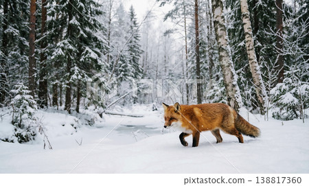 Red fox walking across a snowy forest floor by a frozen stream. Soft snowfall and pale dawn light create a peaceful winter mood. 138817360