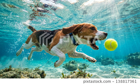 beagle diving underwater to chase a tennis ball in shallow sea. sunlight streams through turquoise water and illuminates sandy seabed creating playful mood 138817361