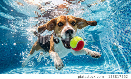 Beagle fetching a tennis ball underwater in a tiled swimming pool. 138817362