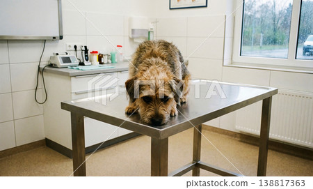 scruffy mixed breed dog lies on a stainless steel examination table in a veterinary clinic looking subdued 138817363