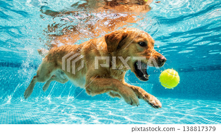 Golden retriever chases a tennis ball underwater in a tiled swimming pool. Golden retriever chases a tennis ball underwater in a tiled swimming pool. 138817379