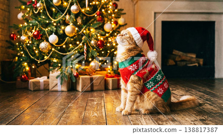 Ginger cat wearing a festive sweater and Santa hat sitting by a decorated Christmas tree in a living room. 138817387