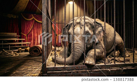 Elephant rests inside a rusted cage in a dim circus tent. Low warm light highlights its worn skin and shackles and casts a somber tone. Elephant rests inside a rusted cage in a dim circus tent. Low warm light highlights its worn skin and shackles and casts a somber tone. 138817388
